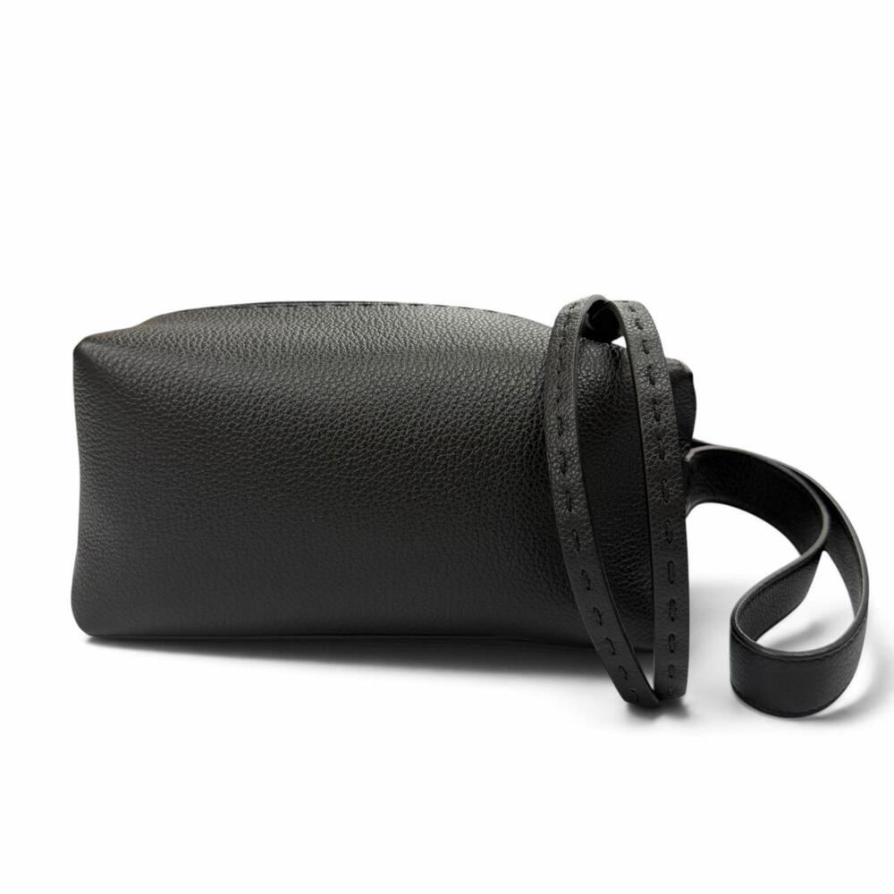 FENDI 7N0149 Leather Selleria Louis FF Metal Second Bag Clutch Black Silver H...